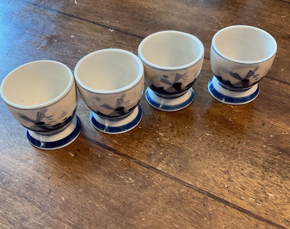 Delft Blue Hand Painted Windmill & Floral design porcelain egg cup Vintage